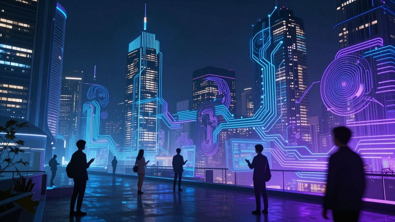 Futuristic AI cityscape with glowing circuits and holographic interfaces.