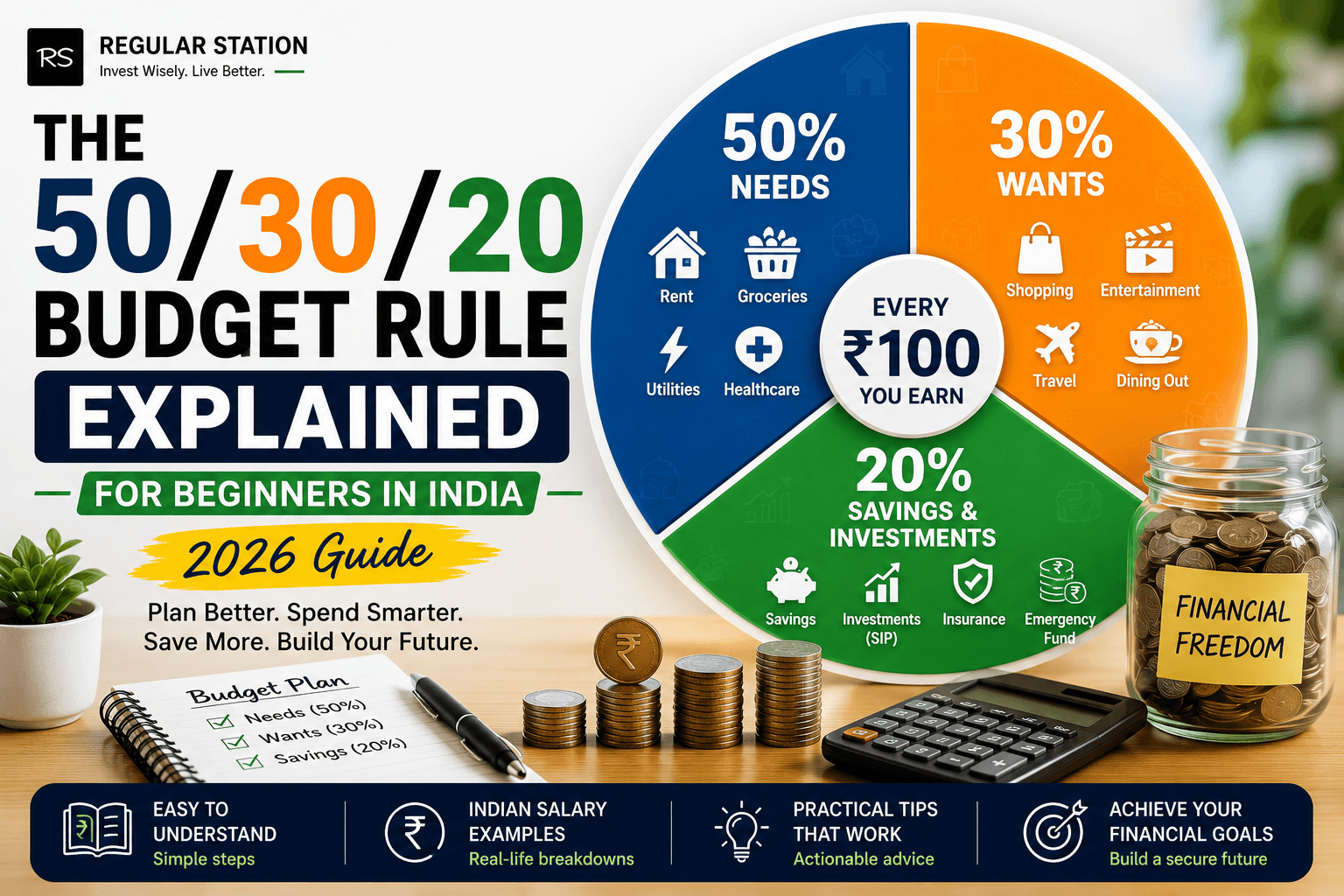 50/30/20 Budget Rule infographic showing monthly budget allocation for needs, wants, and savings in India.