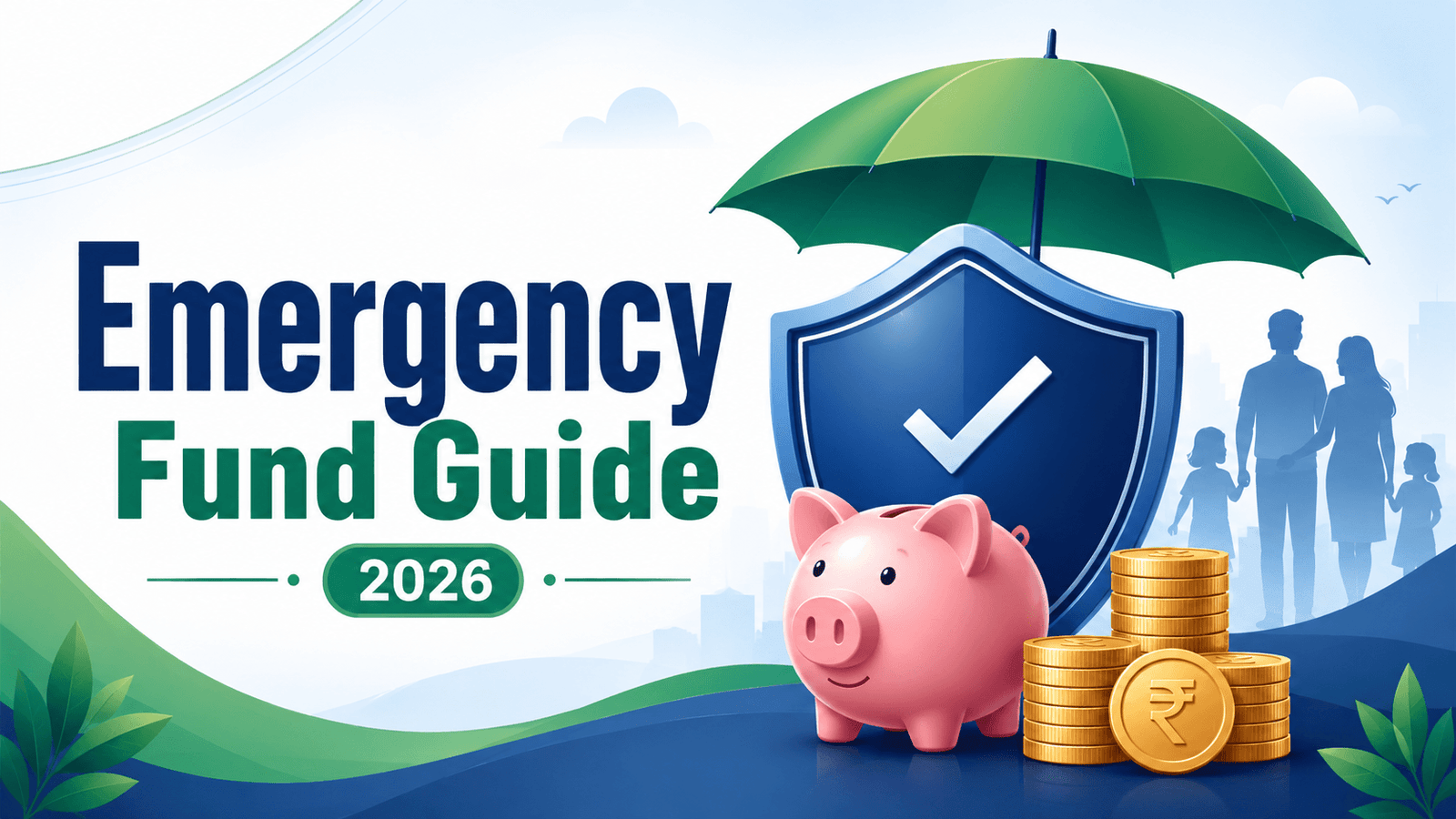 Emergency Fund Guide for Beginners in India showing a financial safety net with a shield, piggy bank, and rupee coins.