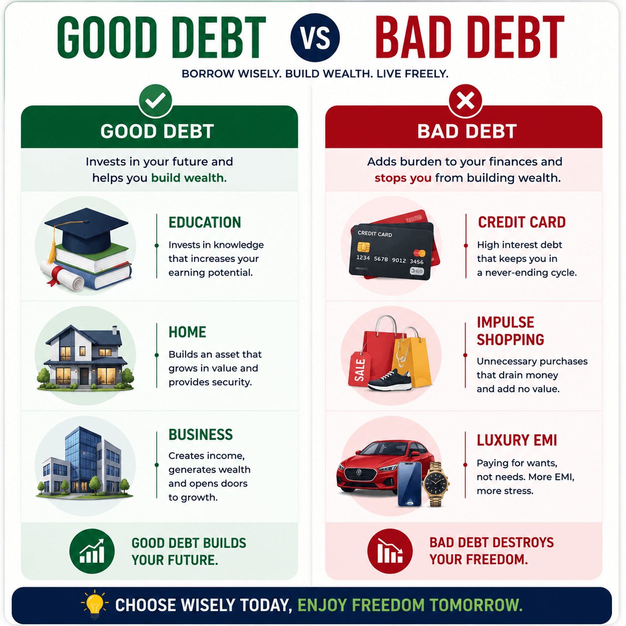 Comparison of good debt and bad debt based on purpose, affordability, interest cost and financial impact.
