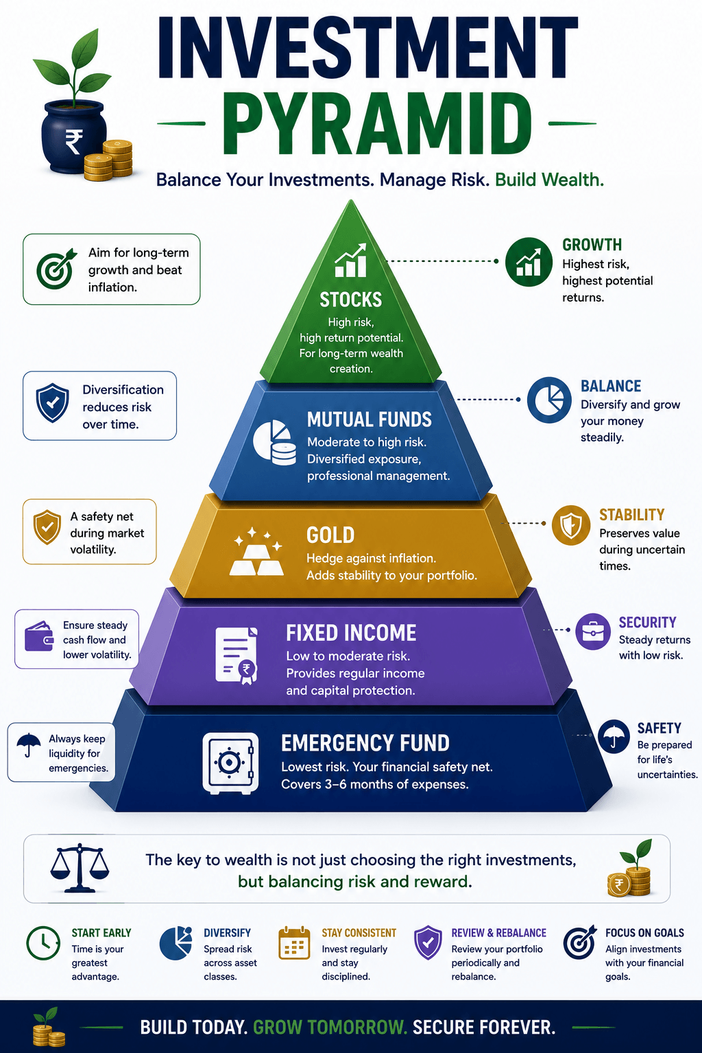 Investment pyramid showing a layered approach: emergency reserves and protection at the base, diversified growth assets above.