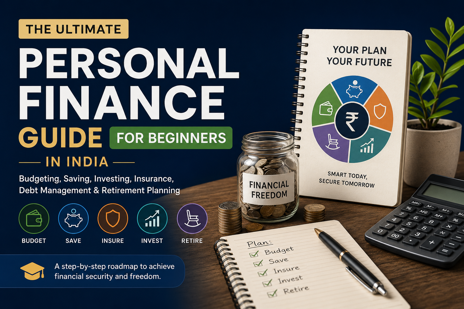The Ultimate Personal Finance Guide for Beginners in India covering budgeting, saving, investing, insurance, debt management, financial goals, and retirement planning.