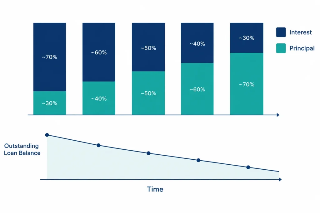 Diagram showing the interest portion of an EMI decreasing as principal repayment increases over time