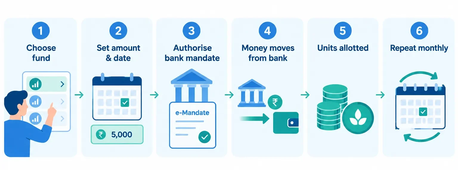 Flowchart showing scheme selection, SIP setup, bank debit, mutual fund unit allotment and recurring monthly investments.