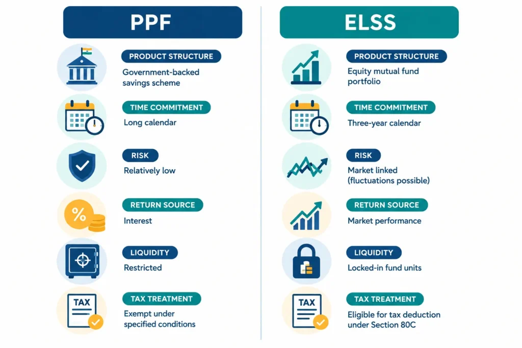 Visual comparison of PPF and ELSS across lock-in, risk, returns, liquidity and tax treatment.