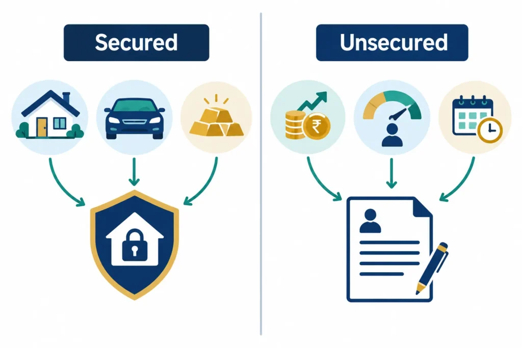 Visual comparison of secured loans backed by collateral and unsecured loans assessed without a specific asset