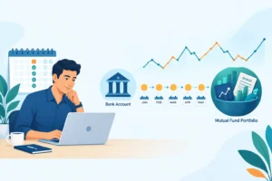 Illustration of regular monthly contributions moving from an Indian investor's bank account into a market-linked mutual fund.