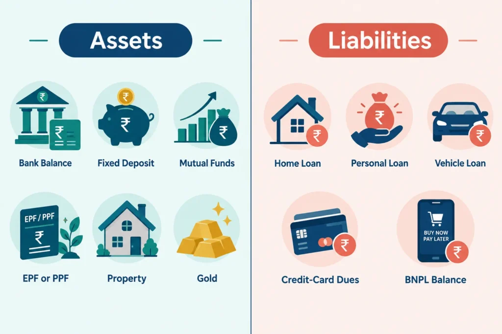 Visual comparison of common assets and liabilities used to calculate net worth in India