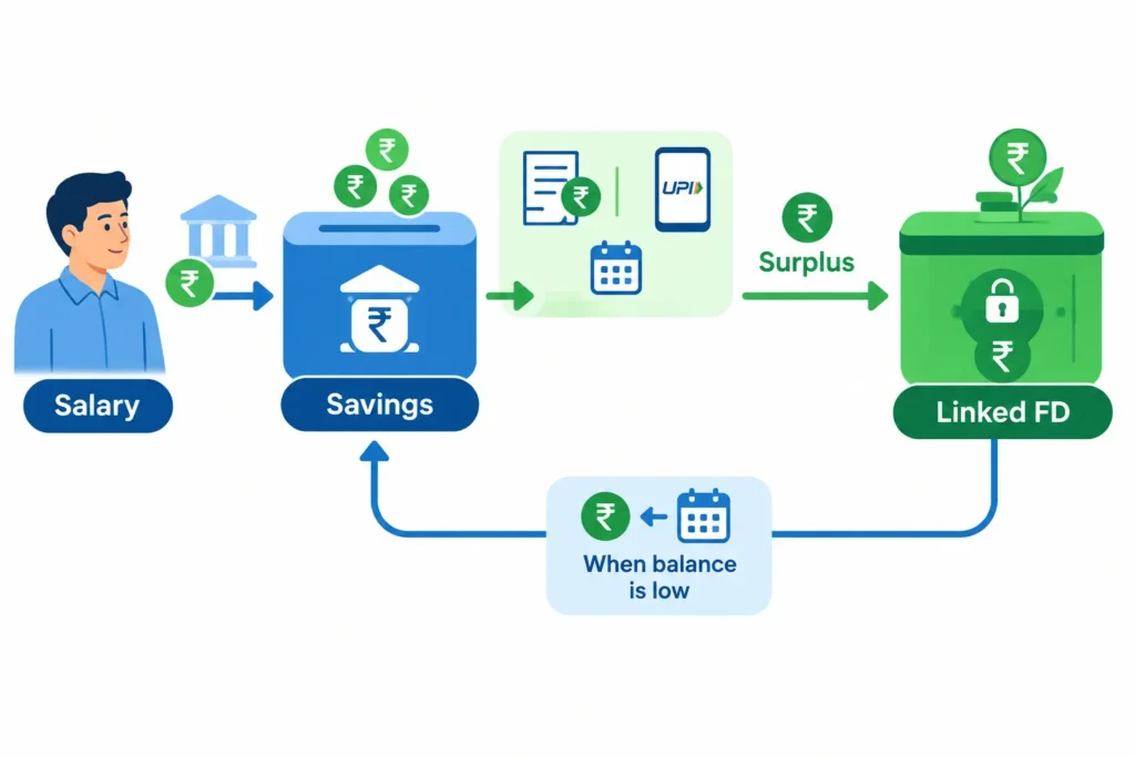Flowchart showing surplus money moving from savings into a linked fixed deposit and back when needed