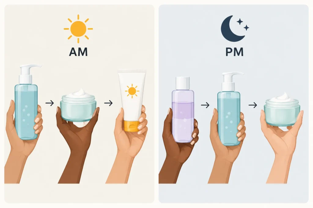 Flowchart showing cleanser, moisturiser and sunscreen in the morning, and removal, cleansing and moisturising at night.