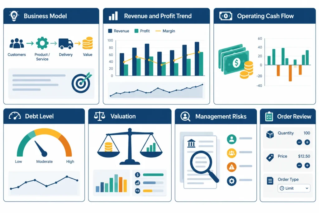 Visual checklist for researching a company’s business, finances, valuation, management and risks before buying shares.