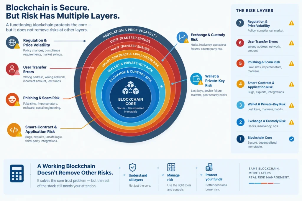 Layered diagram separating blockchain network risk from exchange, wallet, smart-contract, scam, regulatory and market risks.