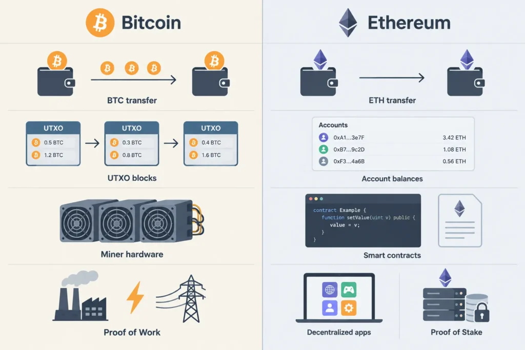 Visual comparison of Bitcoin’s value-transfer and proof-of-work model with Ethereum’s smart-contract and proof-of-stake model.