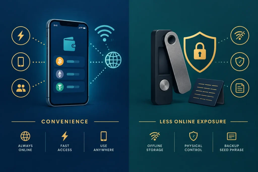 Visual comparison of an internet-connected hot wallet and an offline cold-storage wallet.