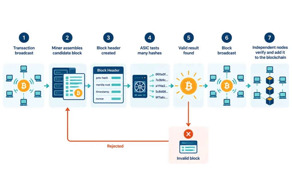 Flowchart showing transactions entering a candidate block, hash testing, block broadcast and independent node verification