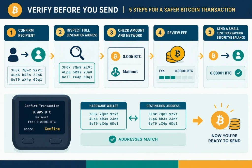 Bitcoin transfer safety checklist covering recipient, address, amount, network, fee and test transaction.