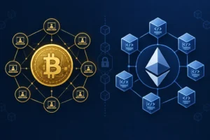 Bitcoin and Ethereum shown side by side as distinct blockchain networks for value transfer and programmable applications.