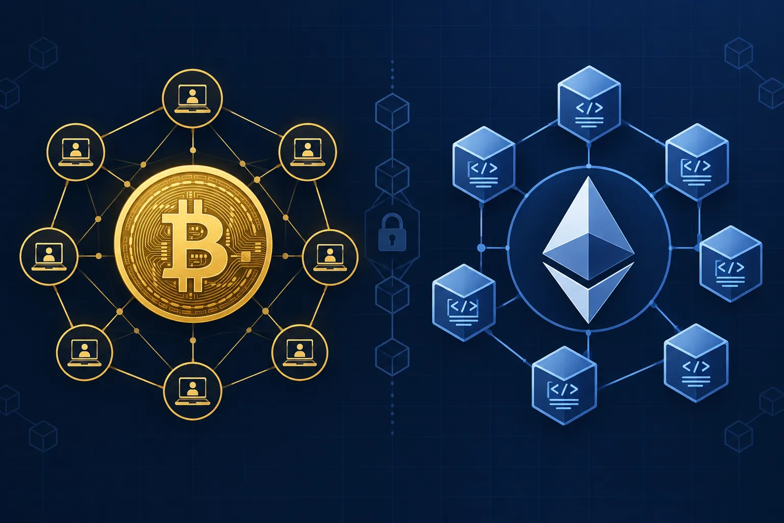 Bitcoin and Ethereum shown side by side as distinct blockchain networks for value transfer and programmable applications.