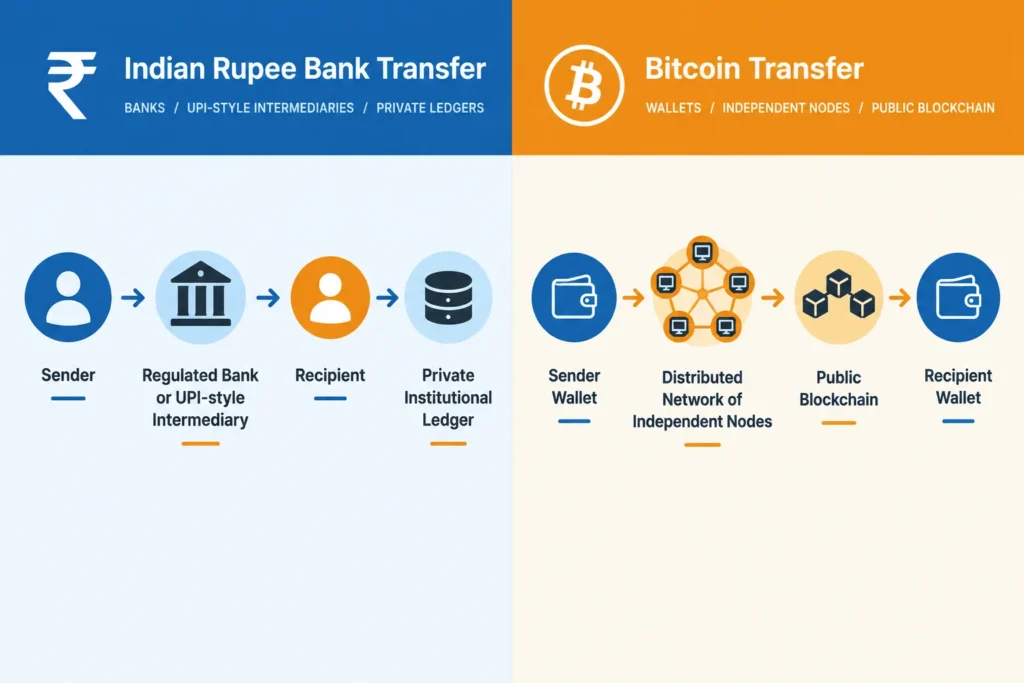 Comparison of a rupee bank transfer through financial intermediaries and a Bitcoin transfer through a distributed network