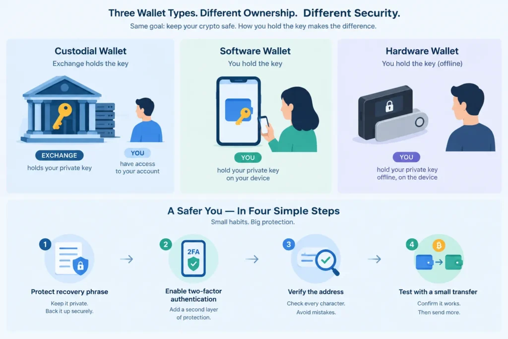 Comparison of custodial, software and hardware Bitcoin wallets with key safety steps