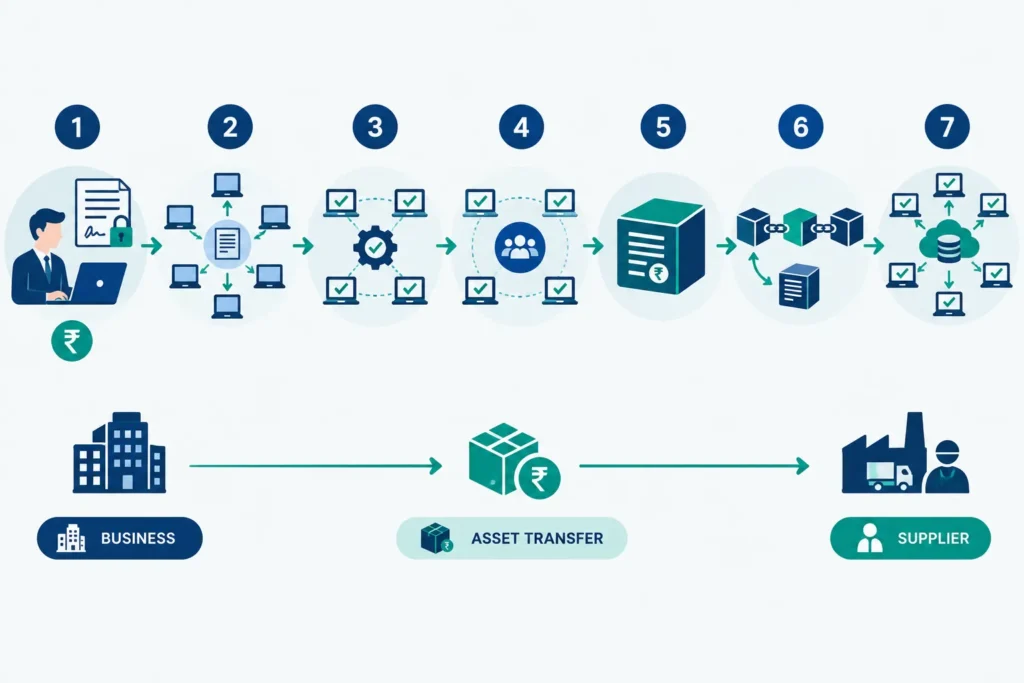 Flowchart showing a transaction being signed, verified, added to a block and shared across nodes