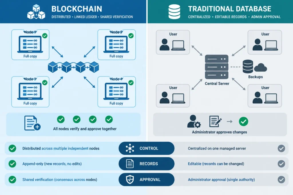 Comparison of a distributed blockchain ledger and a centrally controlled traditional database