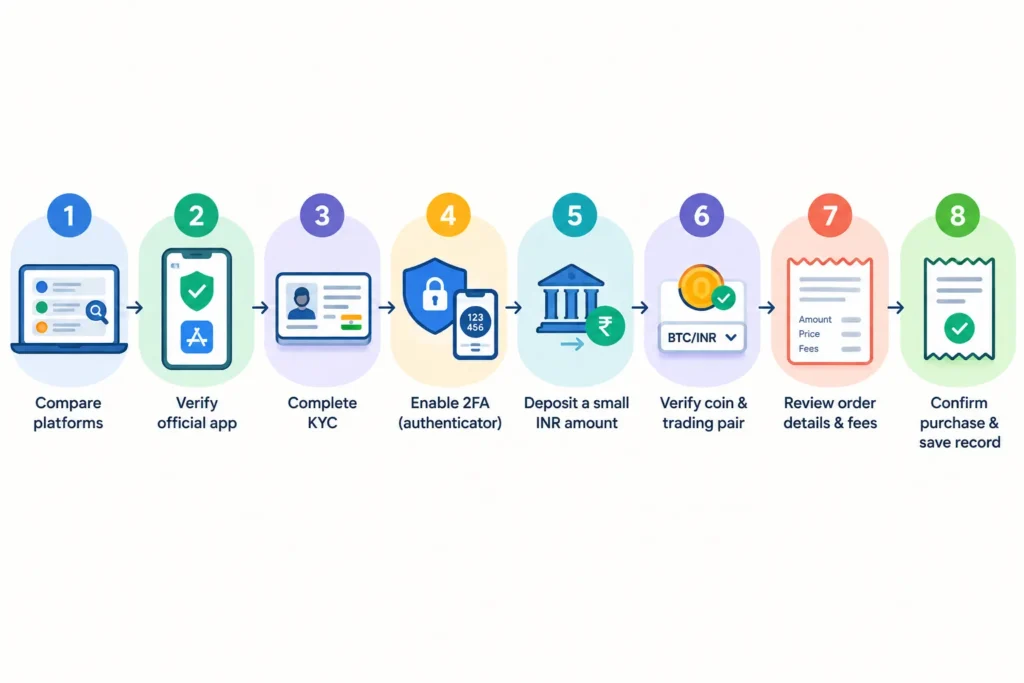Visual steps for choosing an exchange, completing KYC, securing an account, and buying crypto with INR
