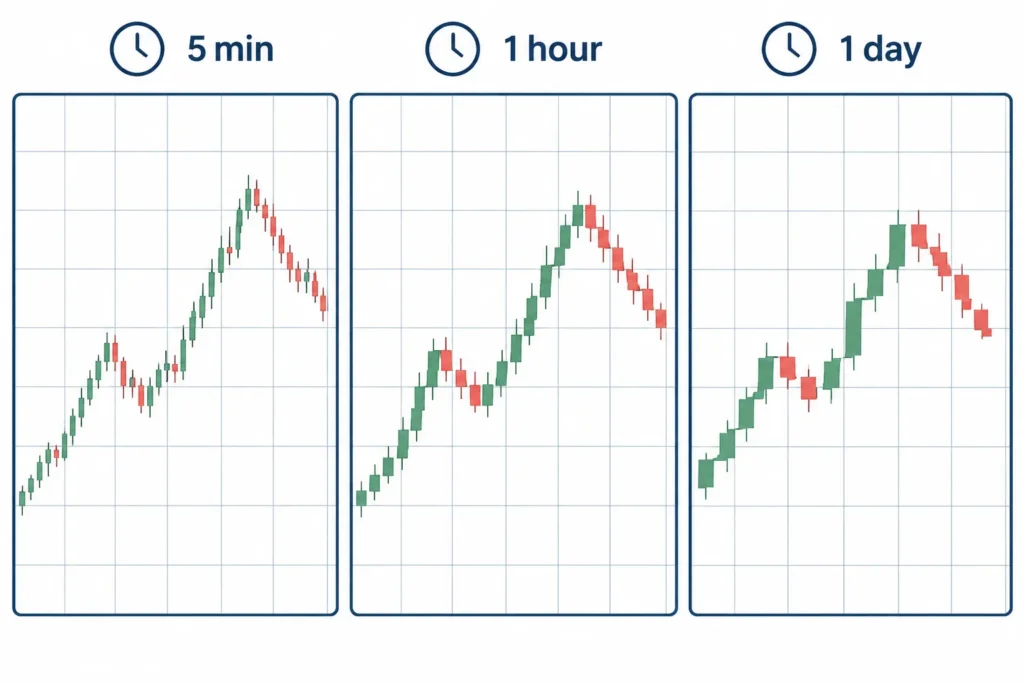 Comparison showing how the same price activity appears on 5-minute, 1-hour and daily candlestick charts.