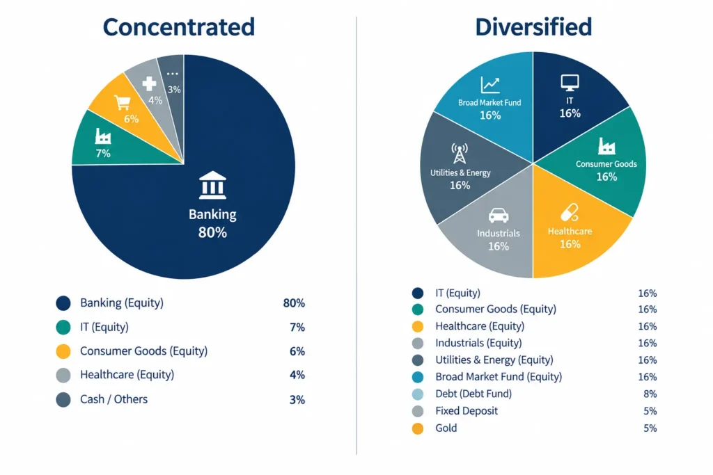 Hypothetical comparison of a bank-heavy concentrated portfolio and a portfolio spread across sectors and asset classes.