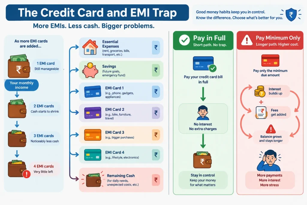 Visual showing how multiple EMIs reduce monthly cash and minimum credit card payments can prolong debt.