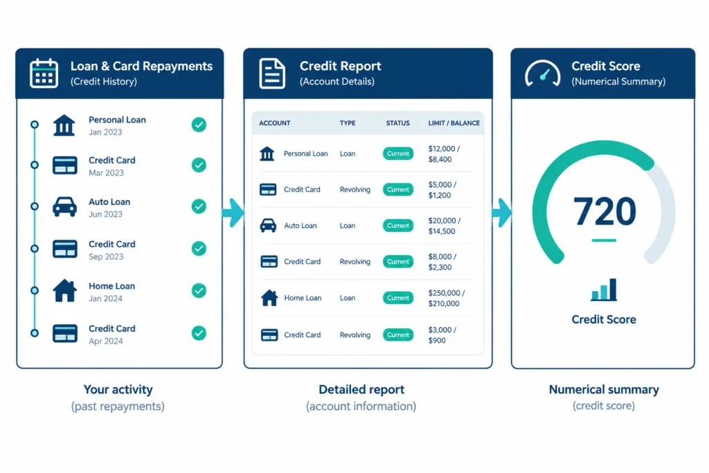 Visual comparison showing credit history feeding into a credit report and then a credit score.