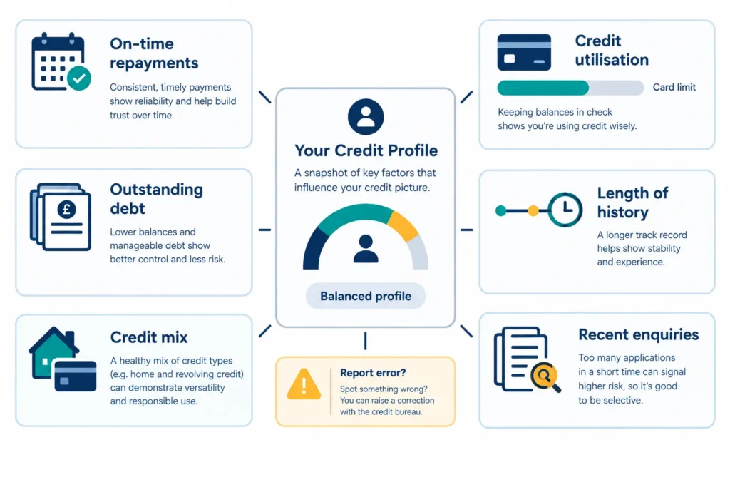 Illustration of repayment history, credit utilisation, debt, credit age, account types, enquiries and report errors affecting a credit profile.