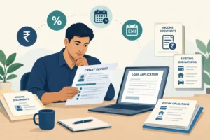 Borrower reviewing credit information, income and EMI obligations as part of a loan application.