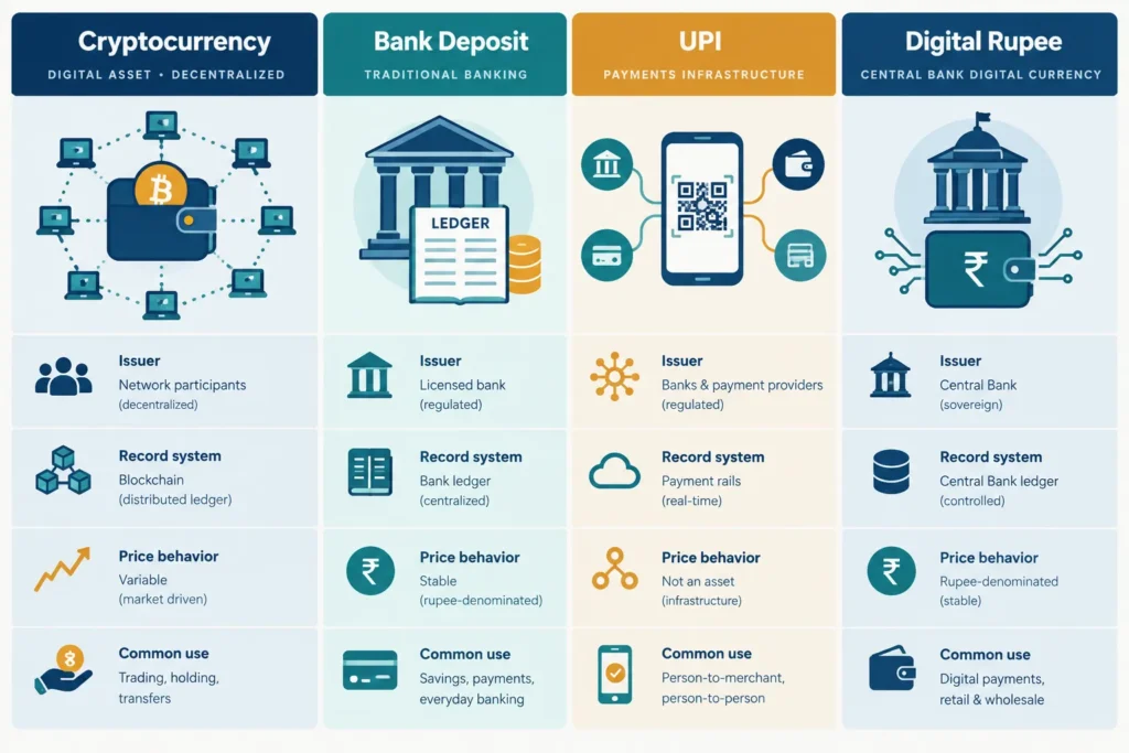 Visual comparison of cryptocurrency, bank deposits, UPI and the RBI-issued Digital Rupee.