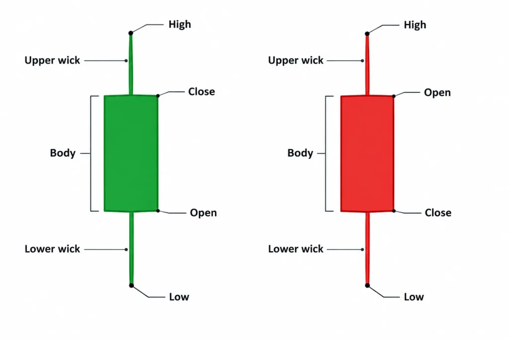 Labelled bullish and bearish candlesticks showing open, high, low, close, bodies and wicks.