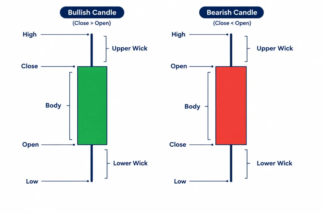 Diagram of bullish and bearish crypto candlesticks showing open, high, low, close, bodies, and wicks.