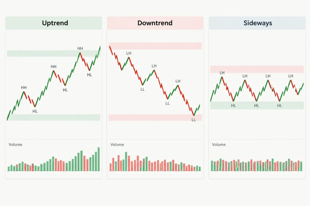 Comparison of uptrend, downtrend, and sideways crypto charts with support, resistance, and volume.