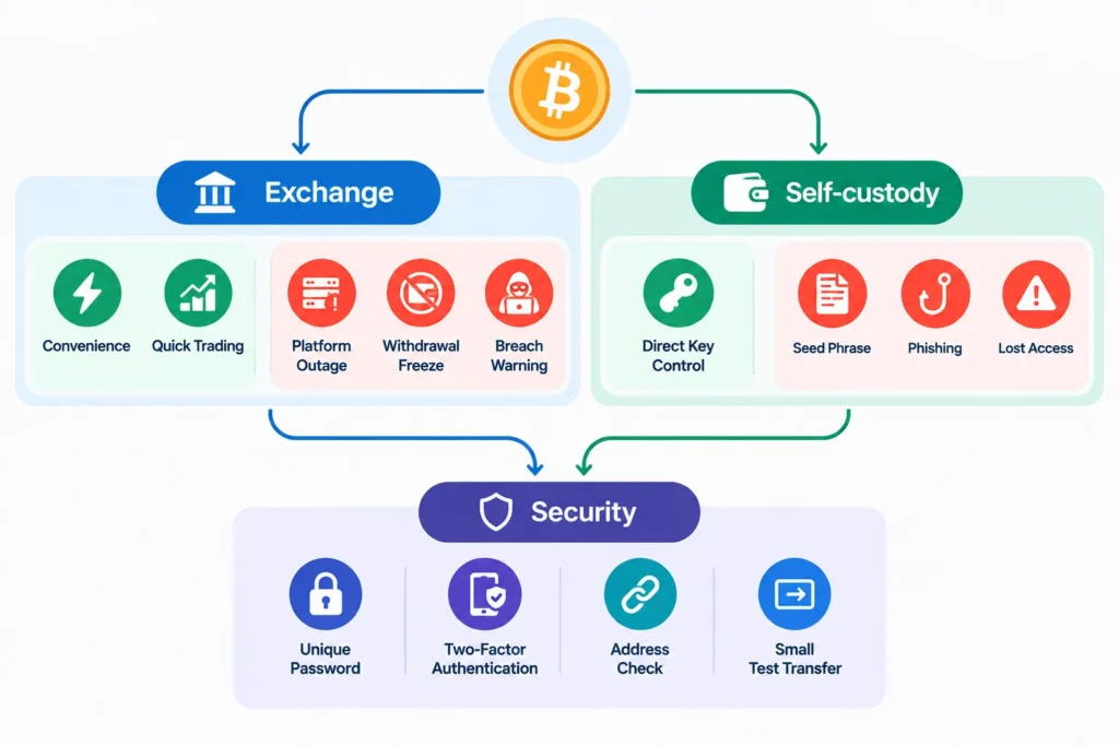 Flowchart comparing exchange custody and self-custody risks with basic crypto security safeguards.