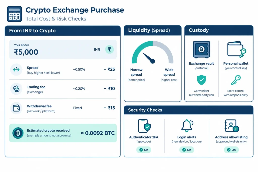 Calculator-style diagram showing how spreads and fees affect a crypto purchase alongside liquidity, custody and security checks.