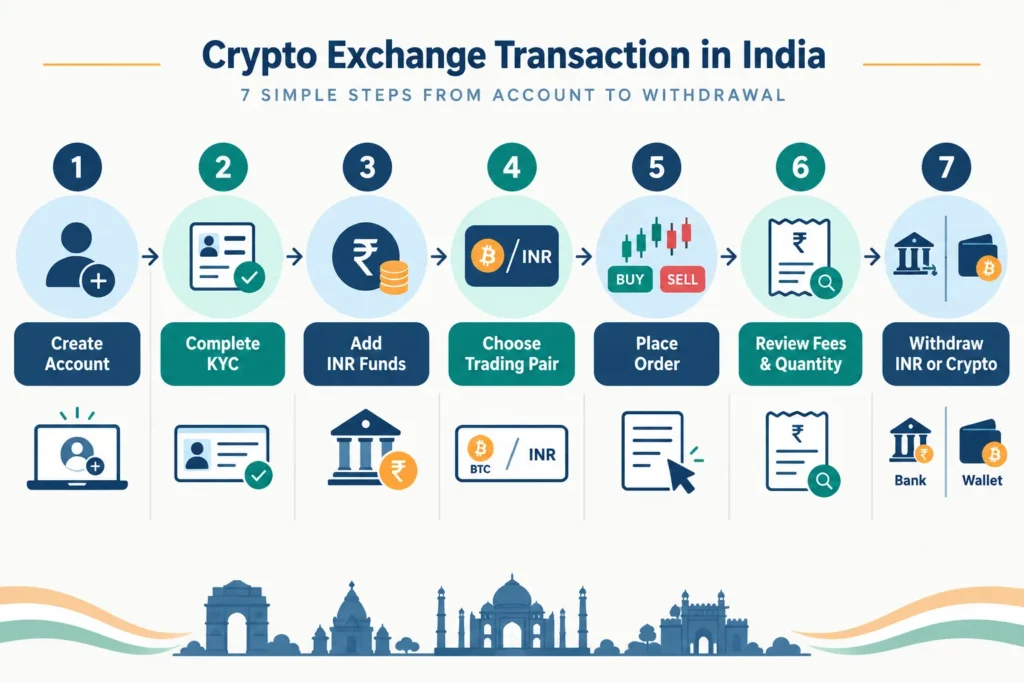 Flowchart of creating an account, completing KYC, depositing INR, selecting a pair, placing an order, reviewing the trade and withdrawing funds.