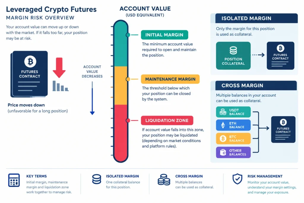 Diagram of initial margin falling toward the maintenance threshold and liquidation zone in crypto futures trading.