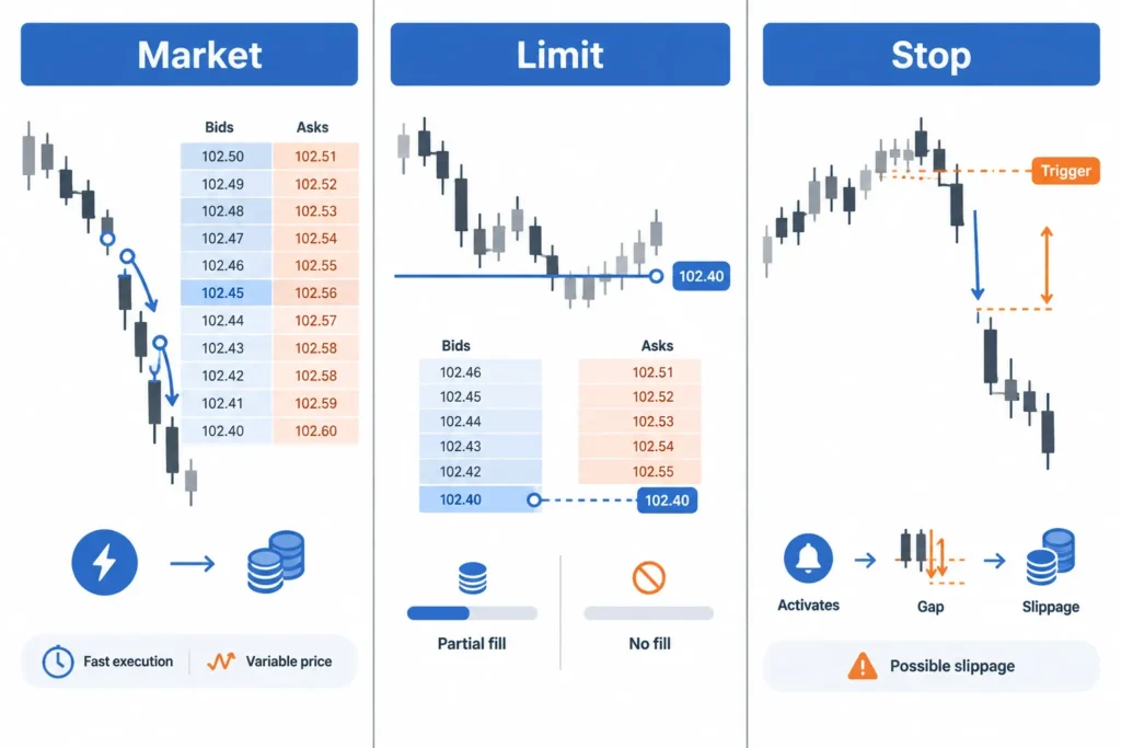 Comparison of market, limit and stop orders, including variable execution, pending orders and slippage risk.