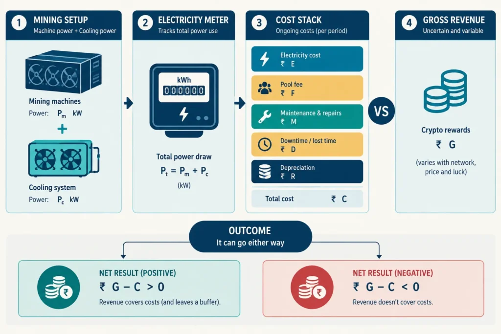 Calculator-style illustration comparing uncertain mining revenue with electricity, pool, maintenance, downtime and depreciation costs