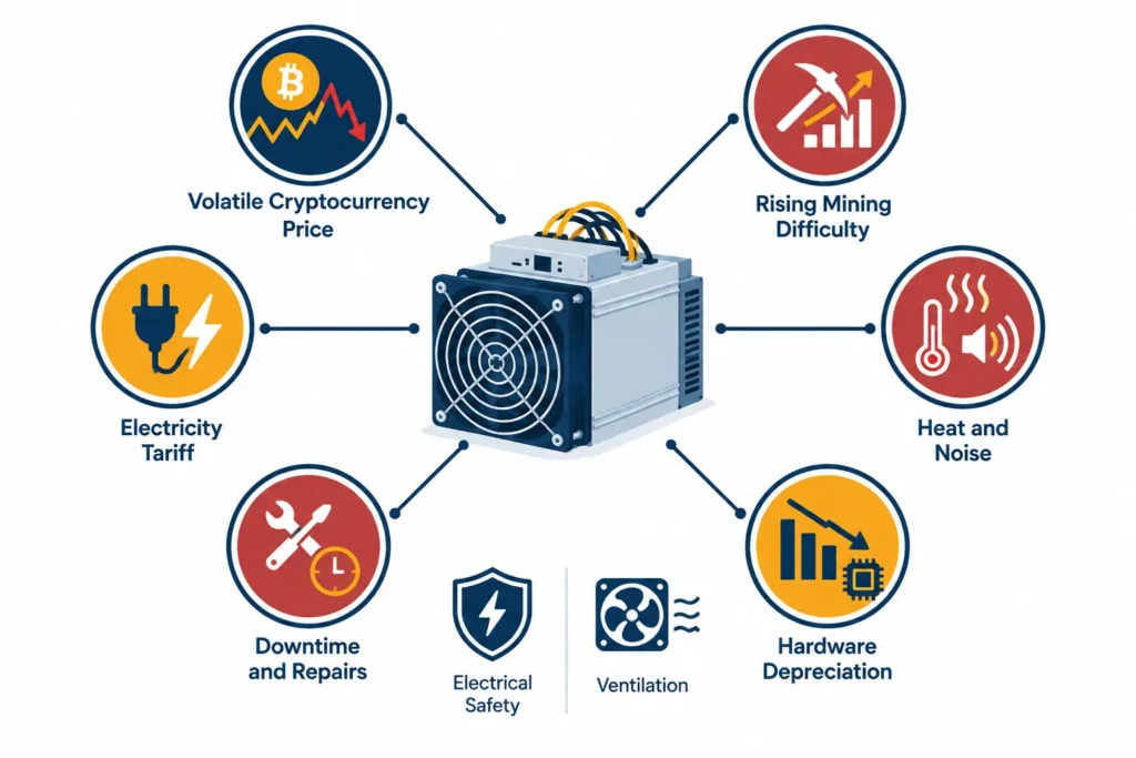 Risk map illustrating crypto mining exposure to price changes, difficulty, electricity costs, heat, downtime and depreciation