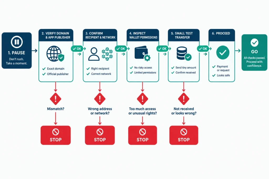 Flowchart for verifying a crypto platform, wallet request and recipient before sending funds