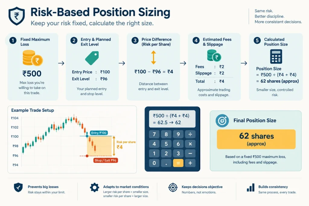 Position-sizing flow using maximum rupee loss, entry, exit, costs and price risk to calculate trade size.