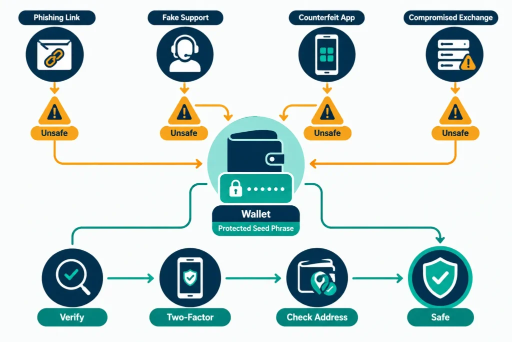 Flowchart of phishing, fake support, counterfeit apps and exchange threats, with safer verification and account-protection steps.