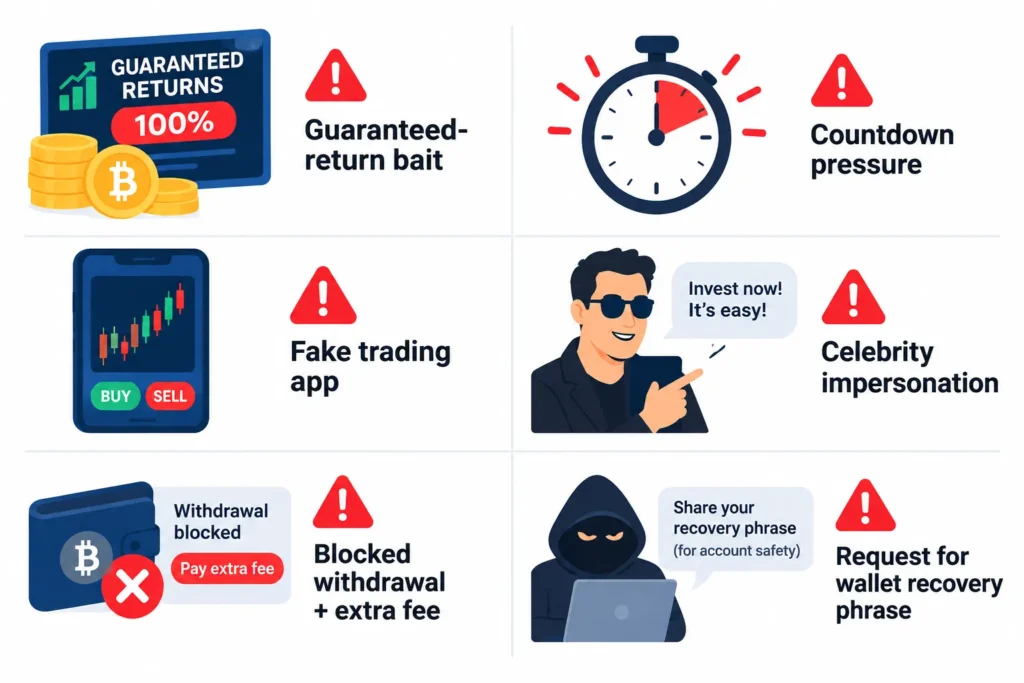 Visual guide to crypto scam warning signs including guaranteed returns, urgency, fake apps and secret-phrase requests