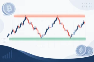 Crypto price chart moving between a lower support zone and an upper resistance zone.