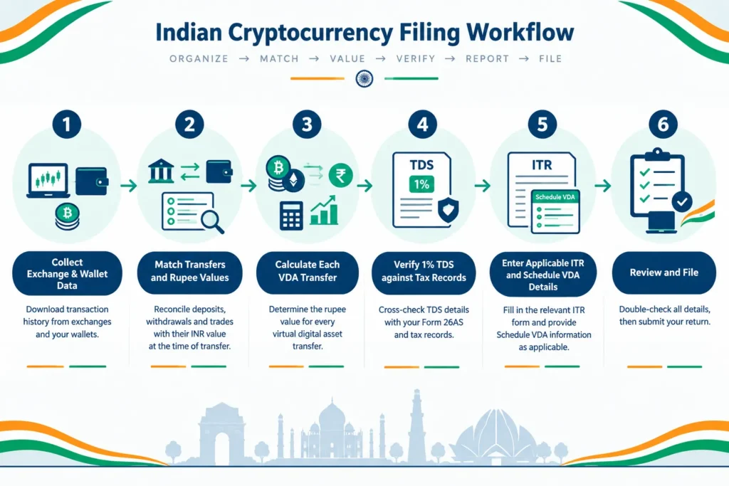 Six-step workflow for collecting crypto records, reconciling transfers, calculating VDA income, checking TDS and reporting details in the applicable ITR.